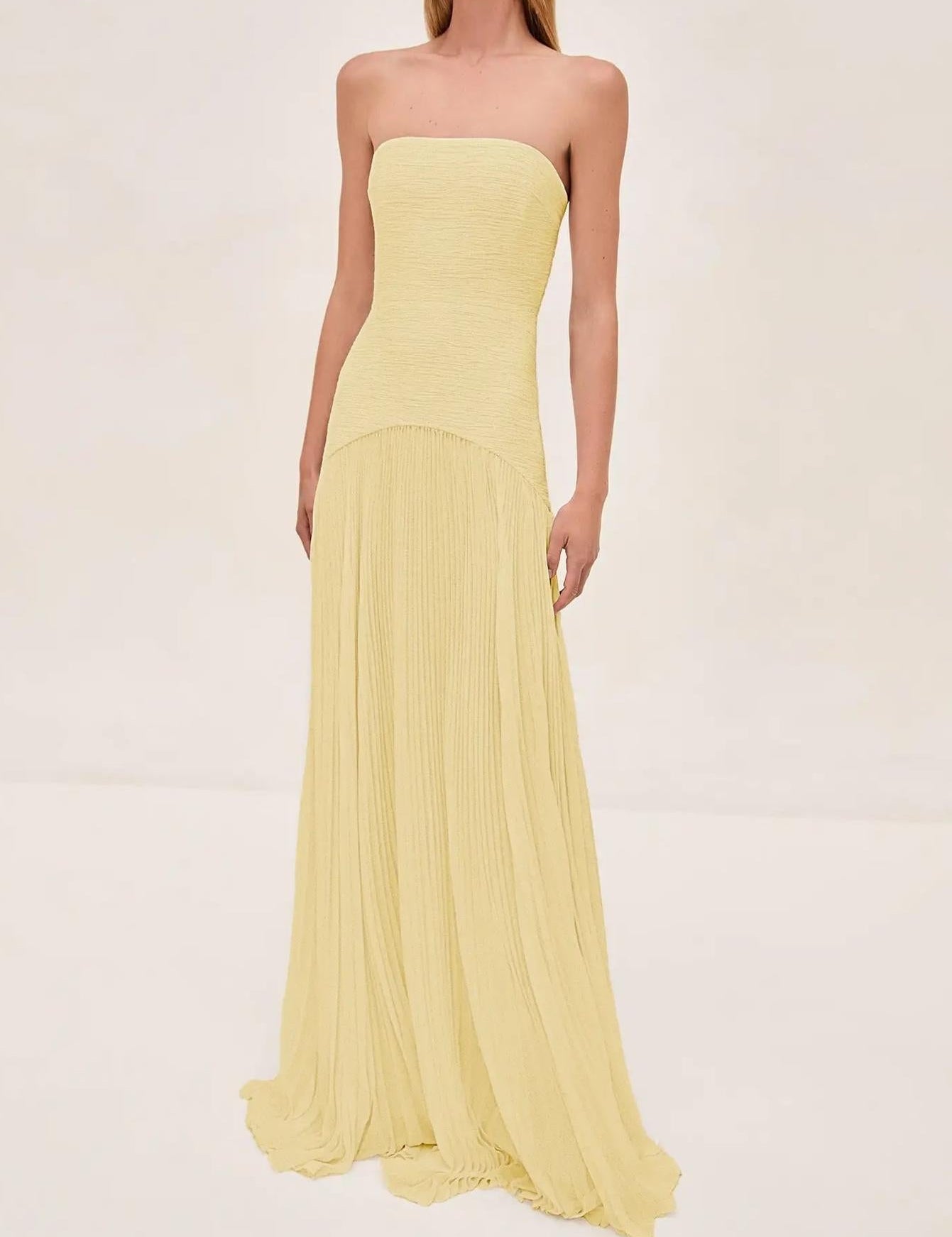Genevra Solvaine | Sage Green Strapless Pleated Maxi Gown