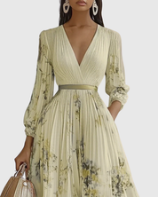 Édith Ravencombe | Floral Pleated Midi Dress with Deep V-Neck