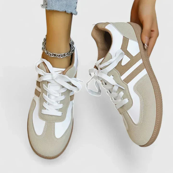 Rosalind Fairvale | Women's Retro Colorblock Low Top Sneakers in Beige & White