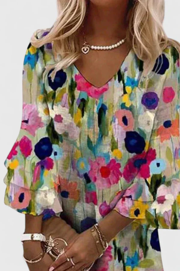 Celestine Beauvray | Floral Print V-Neck Mini Dress with Ruffle Sleeves