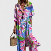 Théodeline Sancourt | Blue Leaf Print Boho Midi Shirt Dress