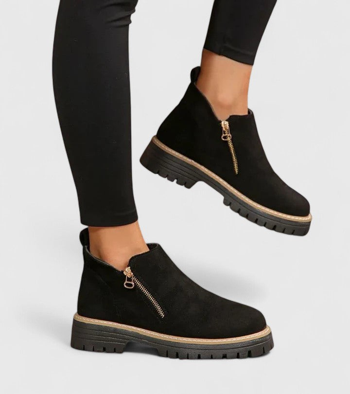 Elaine Fontverde | Black Suede Ankle Boots with Gold Zip