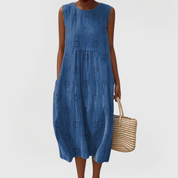 Mirabel Fontaineaux | Green Embroidered Sleeveless Midi Dress with Pockets