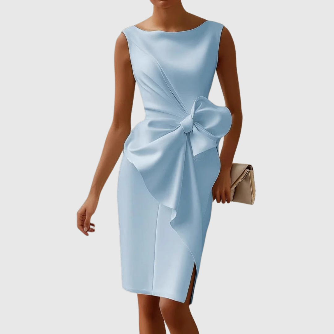 Aurienne Blackwell | Black Sleeveless Boat Neck Midi Dress with Bow
