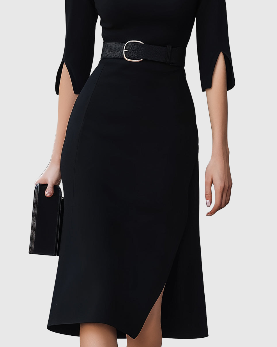 Vivienne Rochambeau | Classic Black Belted Midi Dress