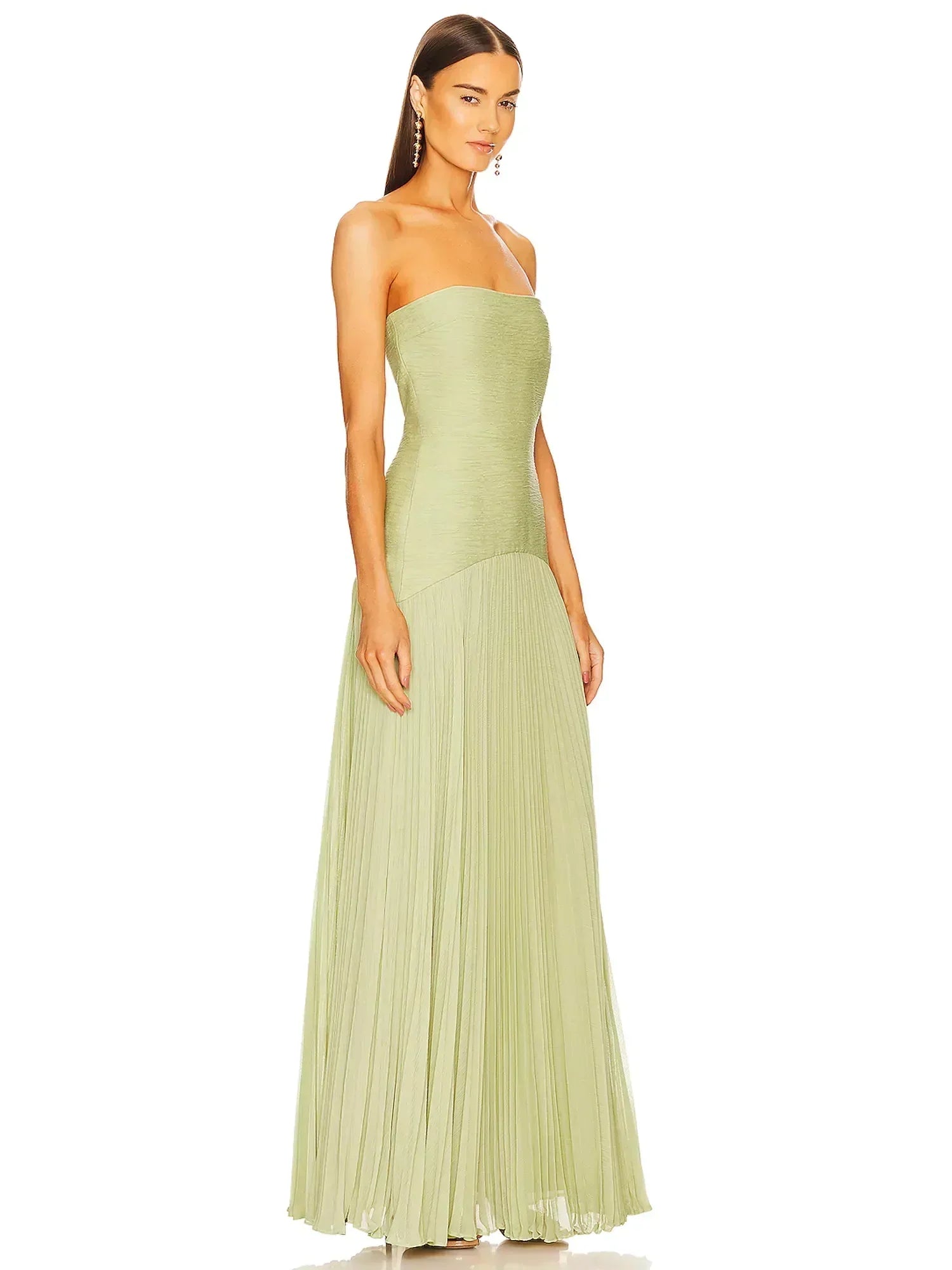 Genevra Solvaine | Sage Green Strapless Pleated Maxi Gown