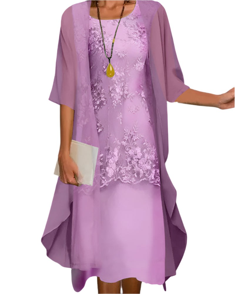 Marguerite Ashvale | Floral Lace Layered Sheer Sleeve Midi Dress