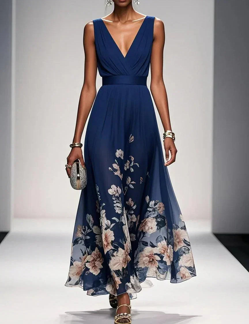 Venetia Somerleigh | Light Blue Floral Maxi V-Neck Dress