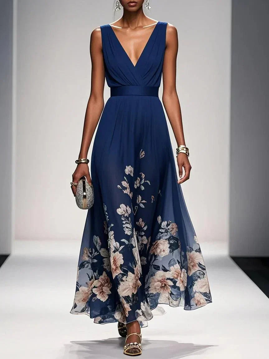 Venetia Somerleigh | Light Blue Floral Maxi V-Neck Dress
