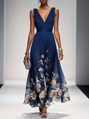Venetia Somerleigh | Light Blue Floral Maxi V-Neck Dress