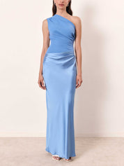 Arabella Wyndmere | Brown One-Shoulder Pleated Satin Maxi Dress