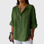 Solange Winterbourne | Linen V-Neck Blouse with Single-Button Closure