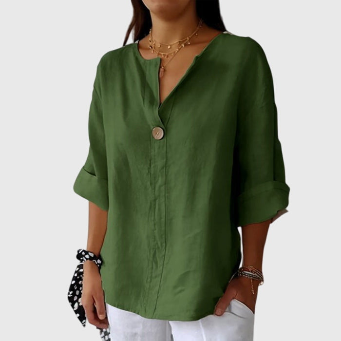 Solange Winterbourne | Linen V-Neck Blouse with Single-Button Closure