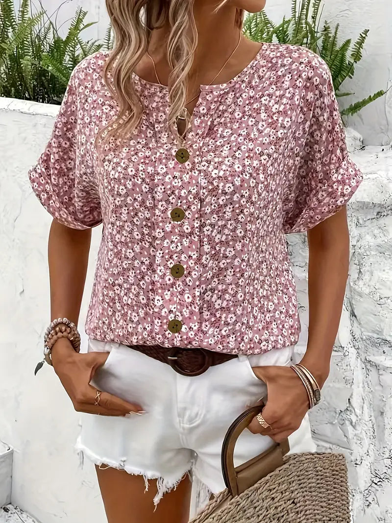Rosette Hargreaves | Pink Floral Print Button-Up Blouse
