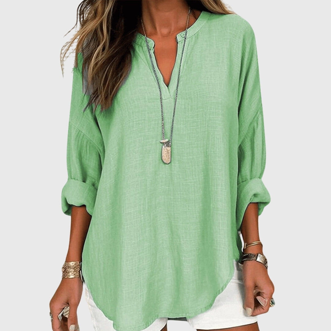 Celestine Waverly | Flowy Light Blue Linen V-Neck Blouse