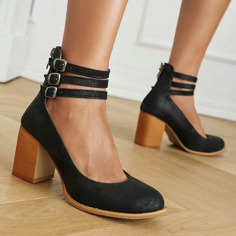 Mathilde Renoncourt | Tan Block Heel with Double Ankle Strap