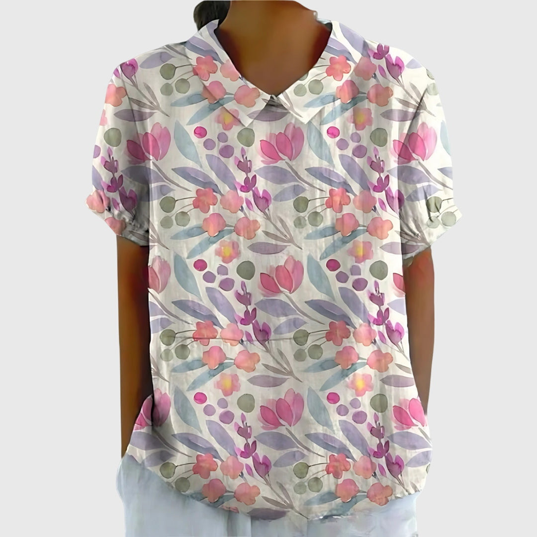 Colette Vaudrenne | Green Floral Print Short Sleeve Blouse