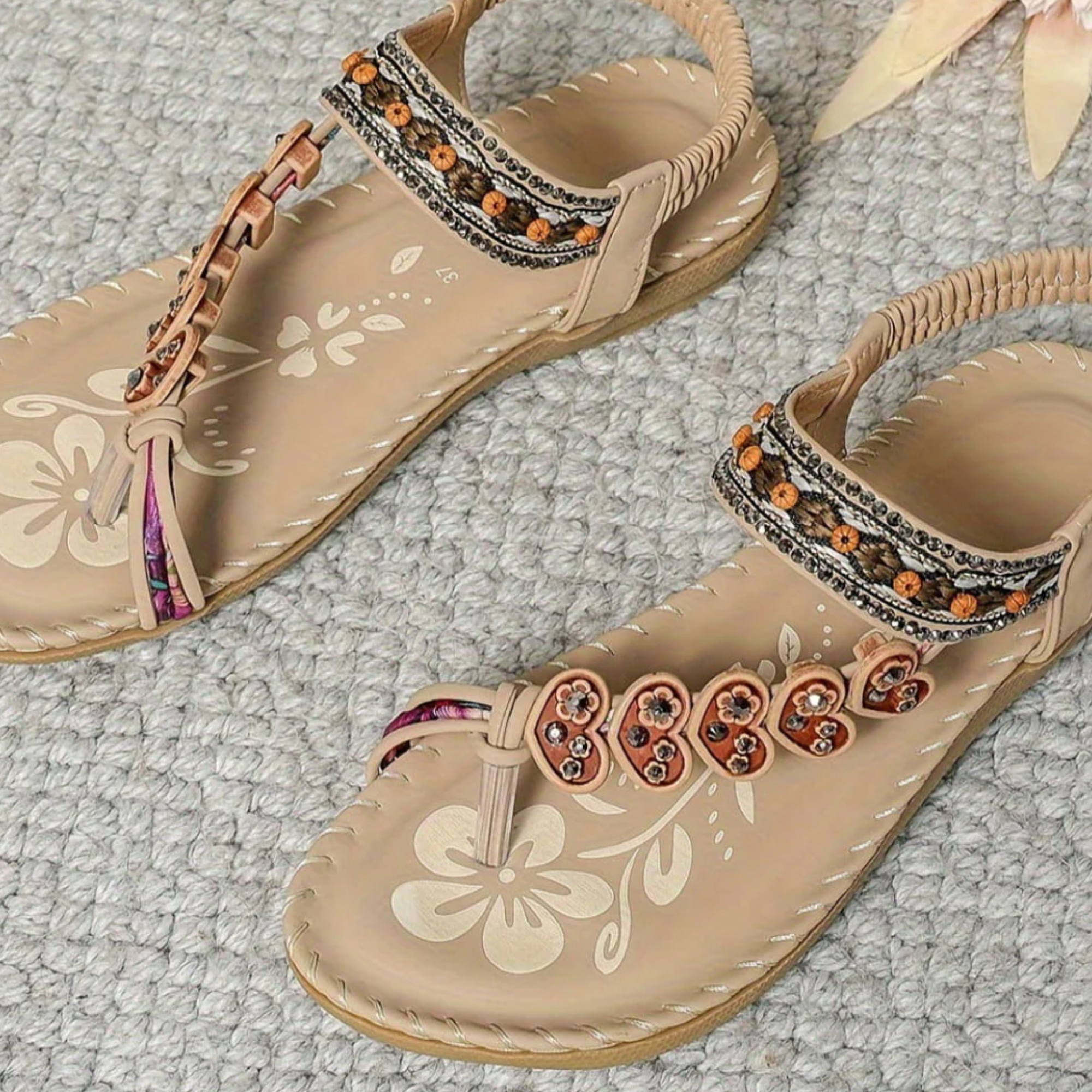 Sylvaine Beaumont | Boho Beaded Flat Sandals in Tan