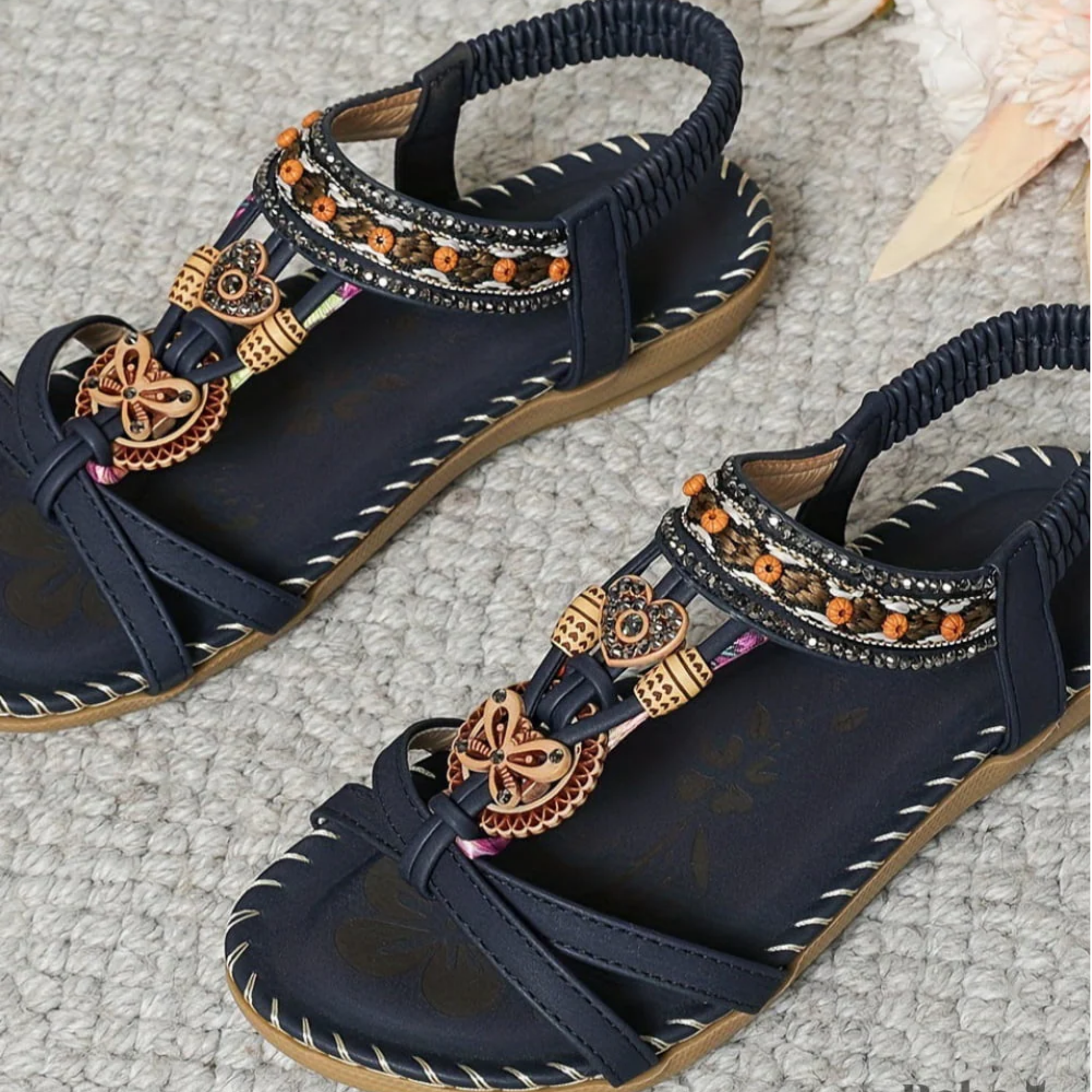 Sylvaine Beaumont | Boho Beaded Flat Sandals in Tan