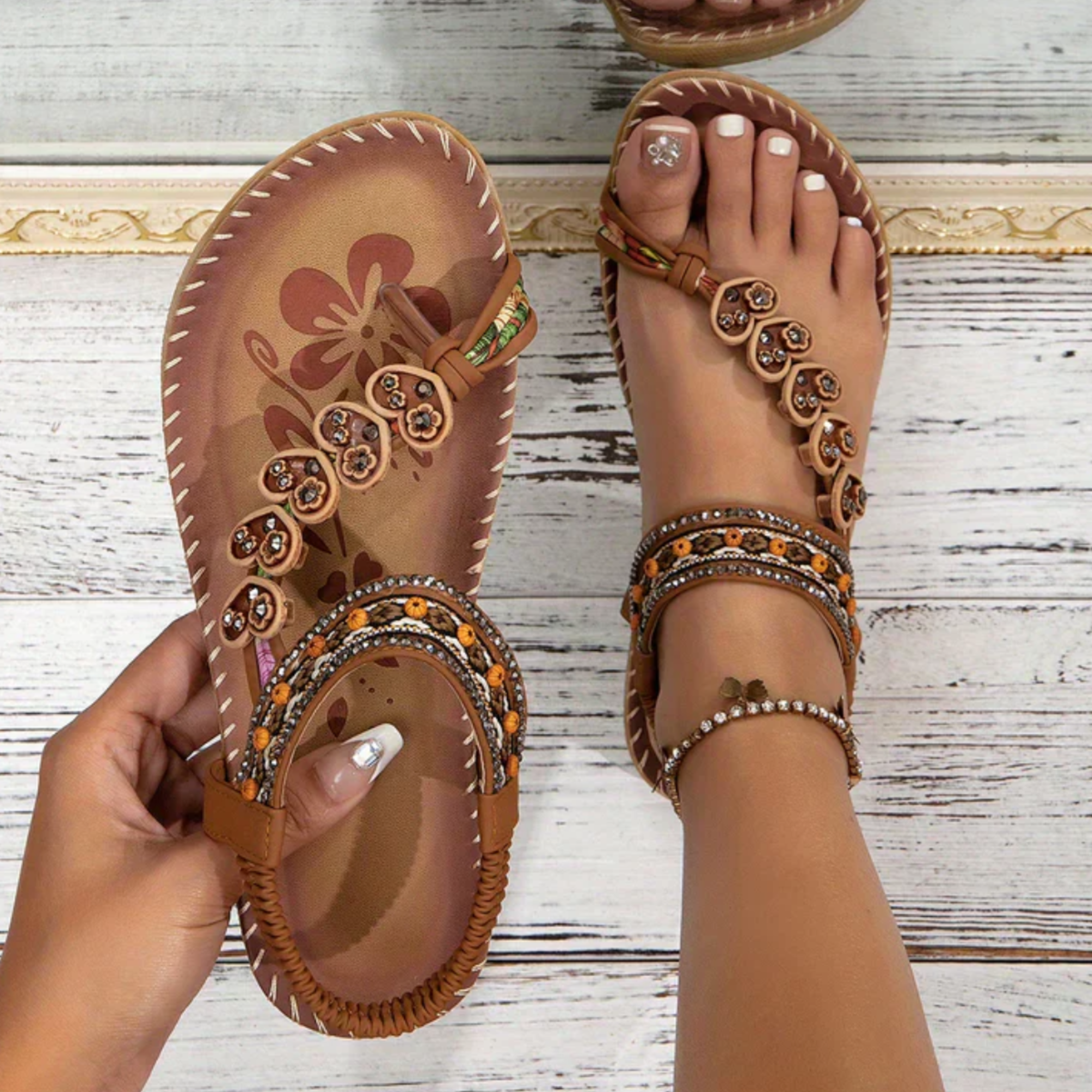 Sylvaine Beaumont | Boho Beaded Flat Sandals in Tan