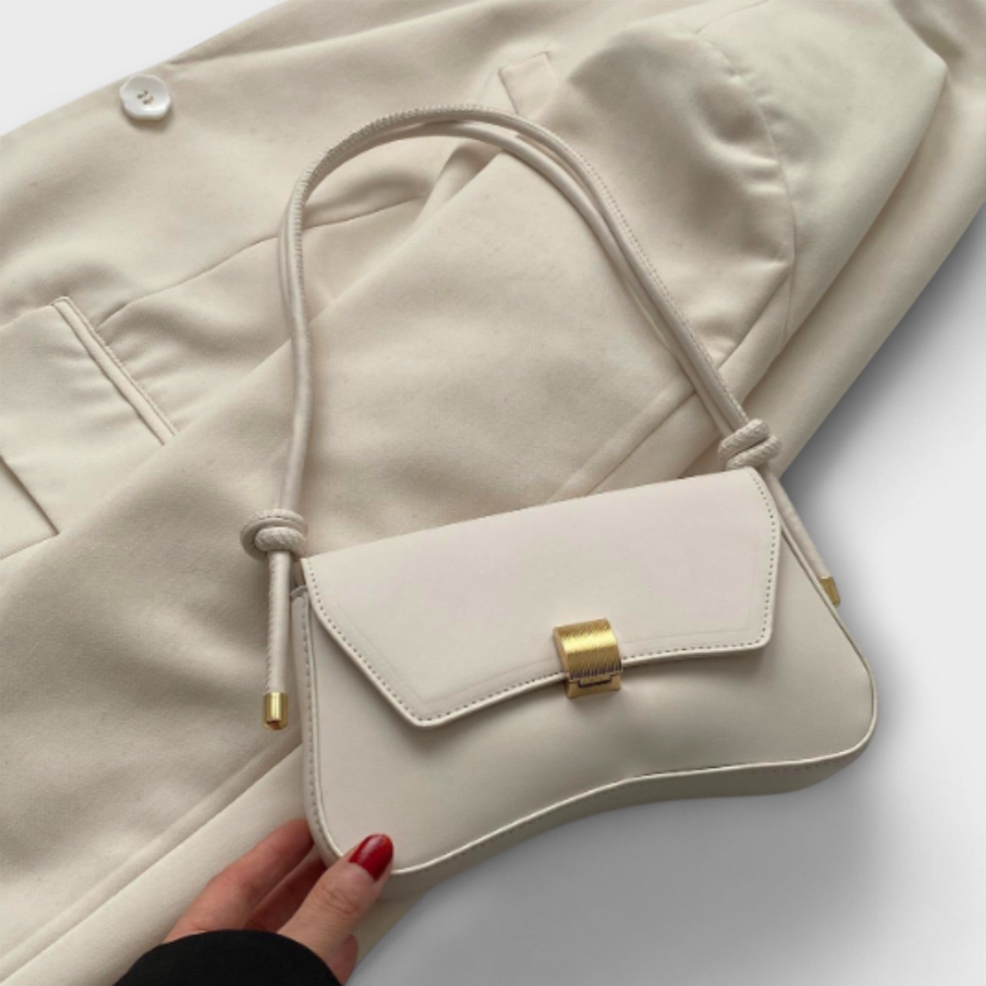 Clarisse Beaumont | Beige Faux Leather Shoulder Bag with Gold Clasp