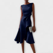 Celestine Beauvray | Red Sleeveless Asymmetric Draped Midi Dress