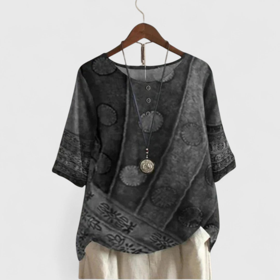 Rosalind Devereaux | Bohemian Patchwork Print Short-Sleeve Top