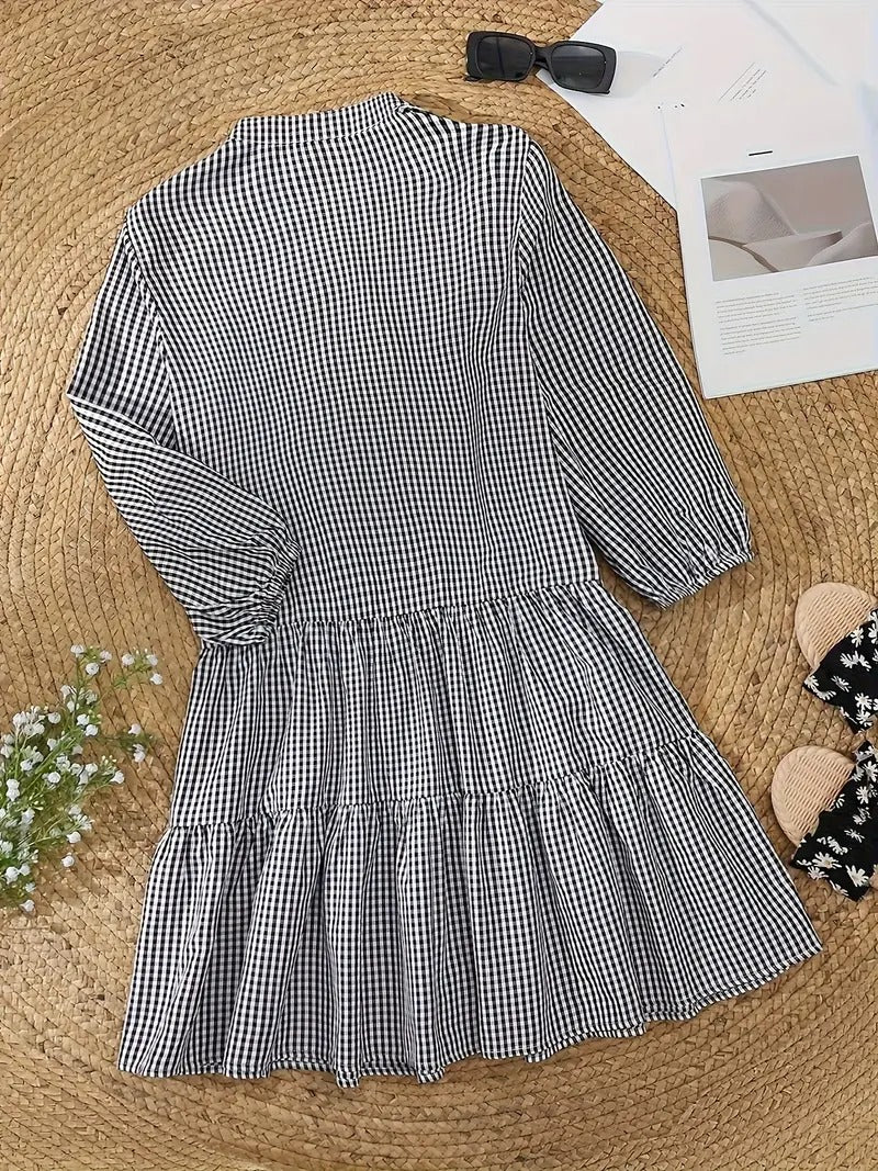Elaine Rosecourt | Pink Gingham Button-Down Mini Dress with 3/4 Sleeves