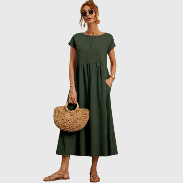 Théodeline Whitmore | Navy Blue Cap Sleeve Midi Dress with Pockets