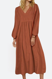 Céleste Fonvielle | Terracotta V-Neck Smocked Waist Midi Dress with Balloon Sleeves