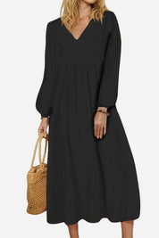 Céleste Fonvielle | Terracotta V-Neck Smocked Waist Midi Dress with Balloon Sleeves