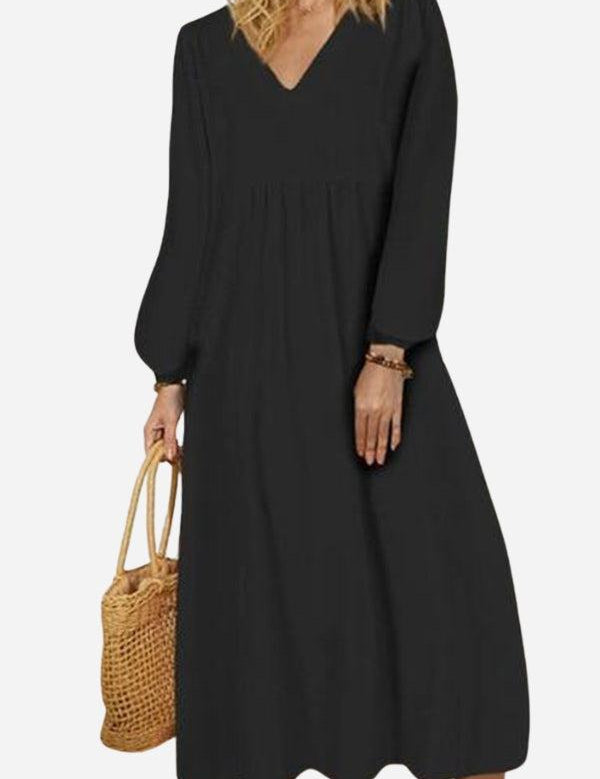 Céleste Fonvielle | Terracotta V-Neck Smocked Waist Midi Dress with Balloon Sleeves