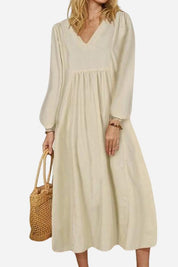 Céleste Fonvielle | Terracotta V-Neck Smocked Waist Midi Dress with Balloon Sleeves