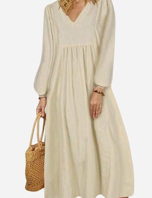 Céleste Fonvielle | Terracotta V-Neck Smocked Waist Midi Dress with Balloon Sleeves