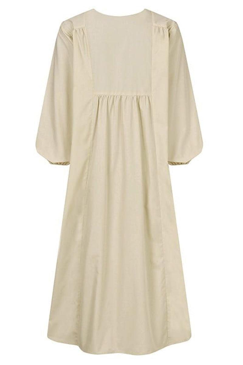 Céleste Fonvielle | Terracotta V-Neck Smocked Waist Midi Dress with Balloon Sleeves