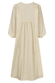 Céleste Fonvielle | Terracotta V-Neck Smocked Waist Midi Dress with Balloon Sleeves