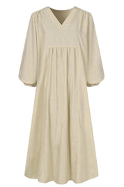 Céleste Fonvielle | Terracotta V-Neck Smocked Waist Midi Dress with Balloon Sleeves