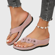 Rosette Dunleigh | Blue Flower Wedge Flip Flop Sandals