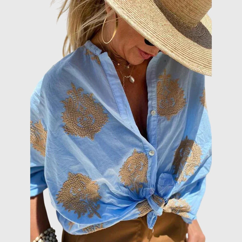 Corinne Valmont | White Gold Embroidered Button-Up Blouse
