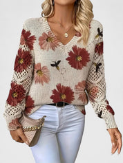 Rosalinde Fonteclair | Floral Knit V-Neck Sweater with Lace Sleeves