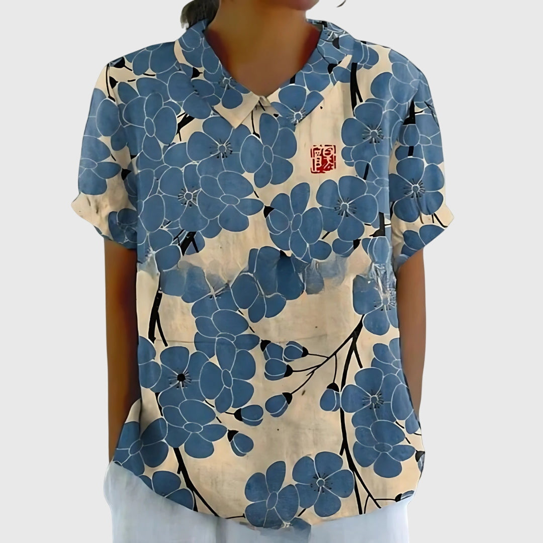 Colette Vaudrenne | Green Floral Print Short Sleeve Blouse