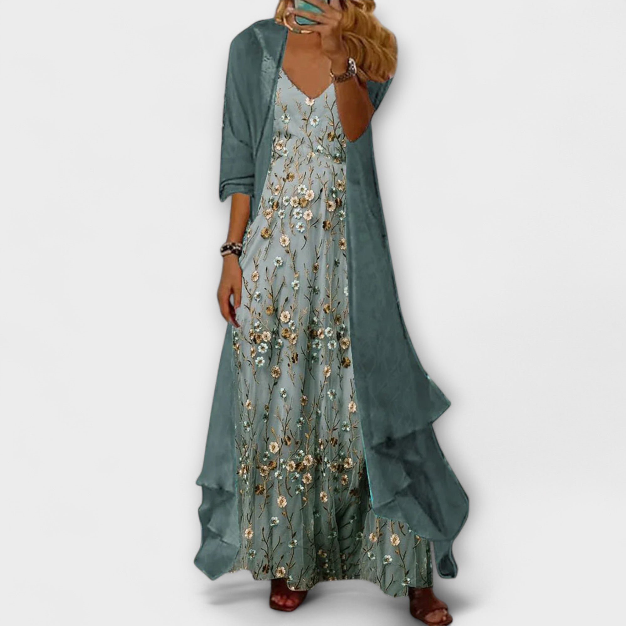 Dominique Fleurmont | Floral Maxi Dress & Longline Cardigan Two-Piece Set