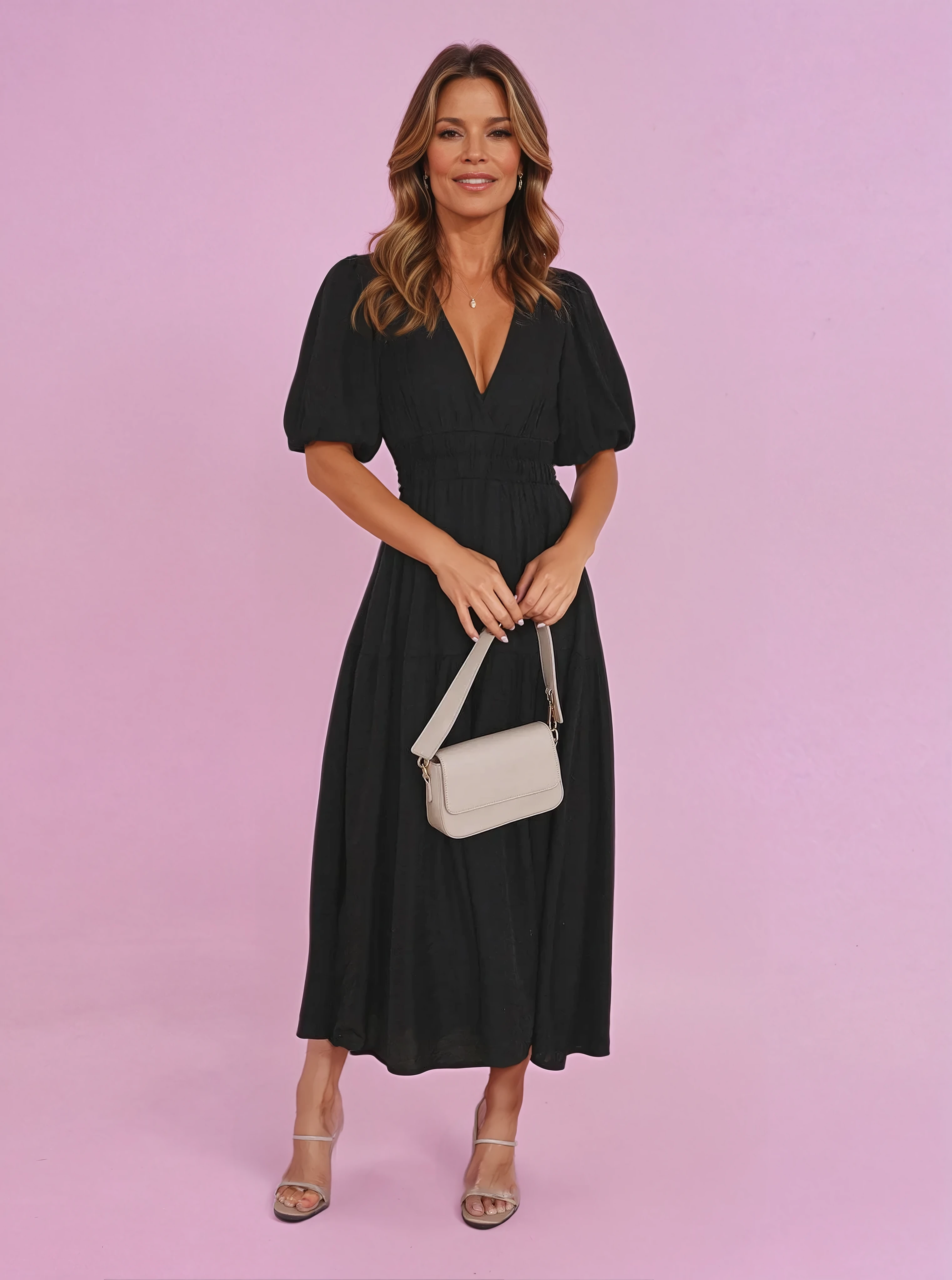 Genevra Saintbourne | Black V-Neck Puff Sleeve Midi Dress with Smocked Waist
