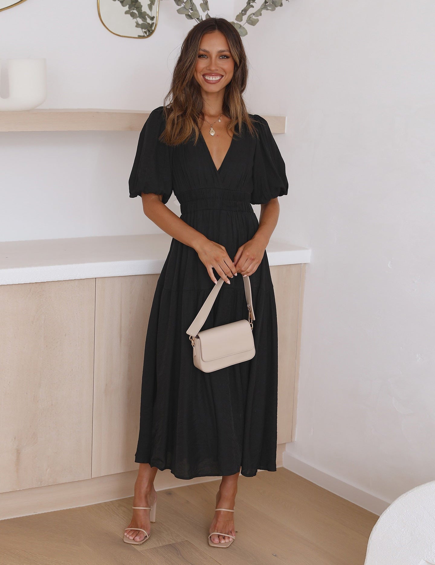 Genevra Saintbourne | Black V-Neck Puff Sleeve Midi Dress with Smocked Waist