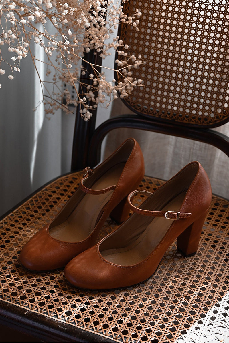 Lisette Beauregard | Mary Jane Block Heel Pump in Tan Leather