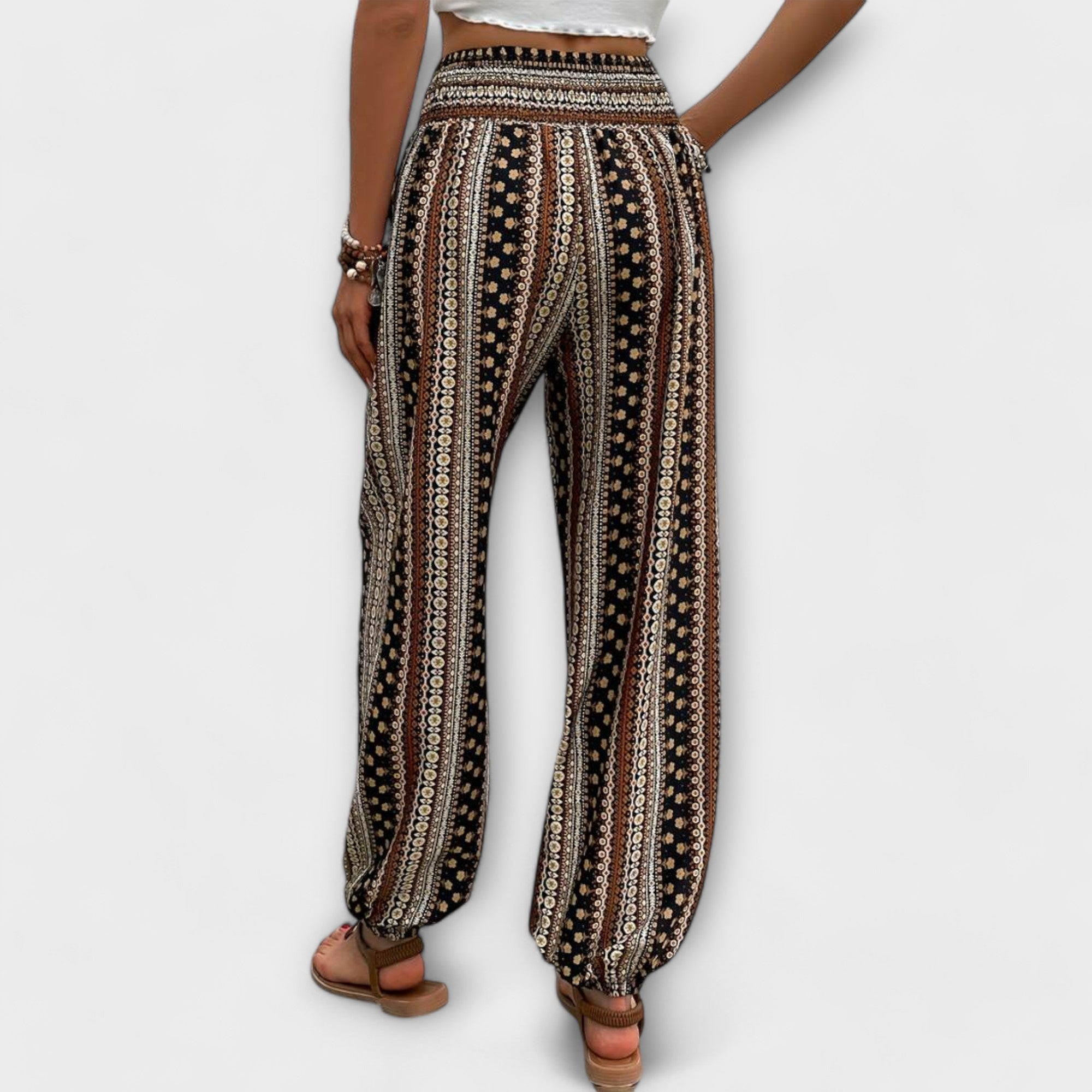 Coralie Deschamps | Boho Ethnic Print Smocked Waist Harem Pants