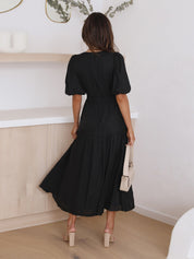 Genevra Saintbourne | Black V-Neck Puff Sleeve Midi Dress with Smocked Waist