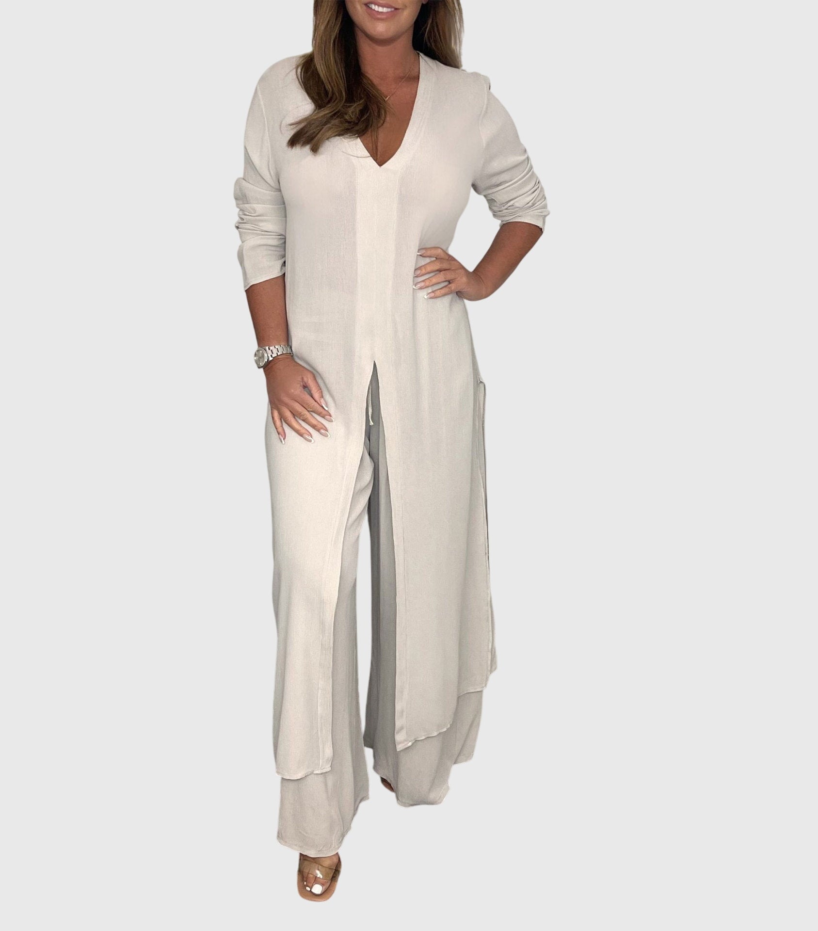 Vivienne Lacourte | Sage Green Long Blouse & Wide-Leg Pants Matching Set