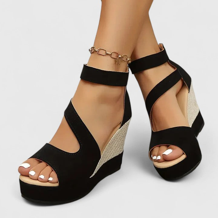Céleste Wyndmoor | Black Wedge Sandals with Elastic Straps