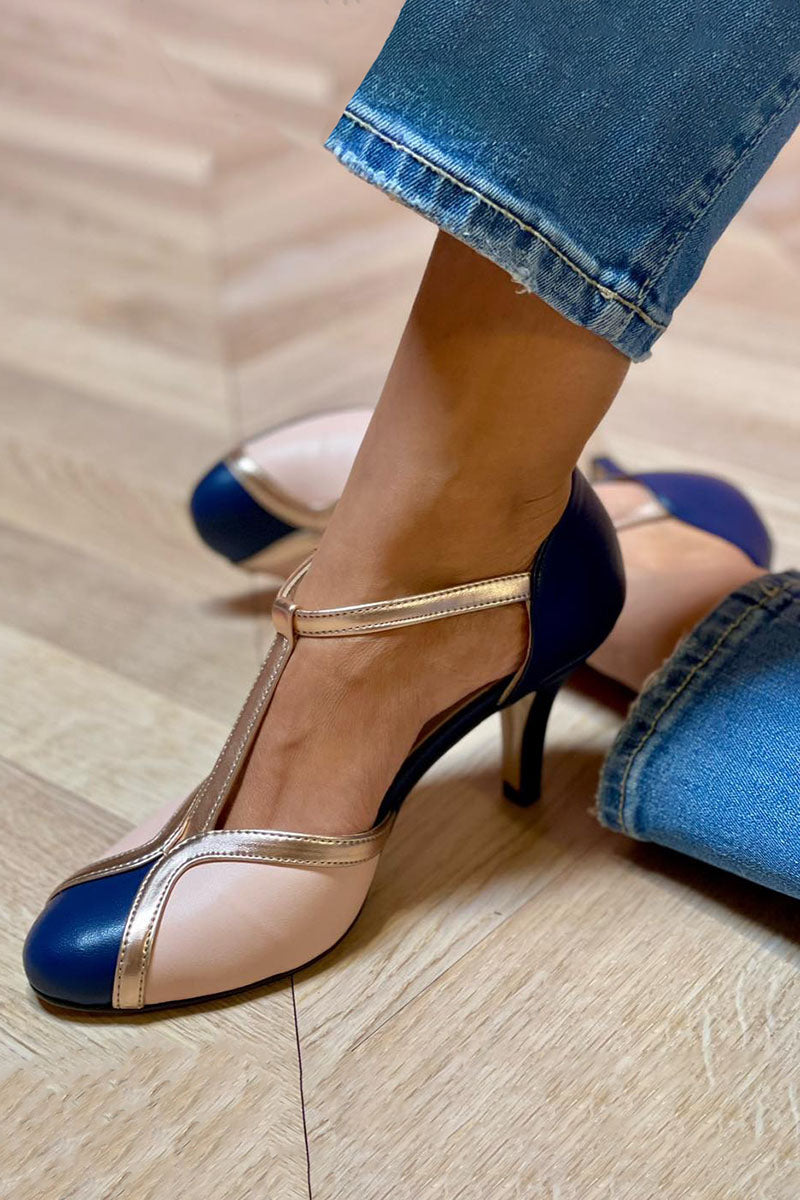 Delphine Rousseau | Navy & Rose Gold T-Strap Heeled Pumps